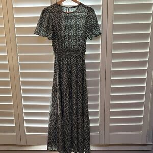 Green and Cream Crew Neck Flutter Sleeve Maxi Dress